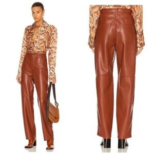 Nanushka Radha Faux Leather High Rise Straight Leg Pants in Brick Red Brown